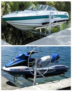 Boat and jet ski secured on Starr manual wheel lifts at a dock, available at Dockstop in Airdrie Alberta Canada.